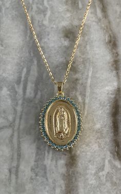 Our Lady of Guadalupe Medal Necklace Beautifully Detailed Turquoise and Cubic Zirconia Gold Blessed Mother Mary Jewelry Turquoise Round Gold-plated Jewelry, Turquoise Gold-plated Round Jewelry, Mary Jewelry, Blessed Mother Mary, Our Lady Of Guadalupe, Lady Of Guadalupe, Blessed Mother, Mother Mary, Our Lady