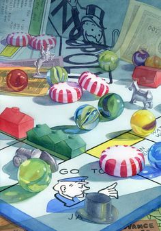 an image of a game board with lots of balls and toys on it's surface