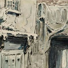 a drawing of an old building with snow on the roof and door, in front of it