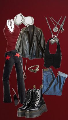 #fashion #rockstar #rocknroll #rockstargf #red #redaesthetic Rock Stars Girlfriend Outfits, Ac/dc Outfit, Rock Gf Aesthetic, Rock Girl Aesthetic Outfits, 80s Fashion Rocker Women, 80s Rock Aesthetic Outfits, Girl In Red Concert Outfit, Camp Rock Outfits, Red Punk Outfits