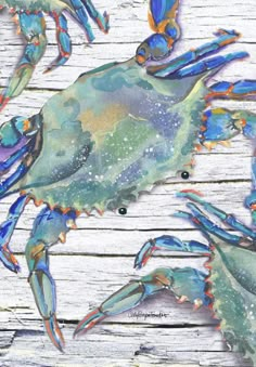 some blue crabs are sitting on a wooden surface with watercolor paint and inks