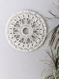 a white doily hanging on the wall next to some plants