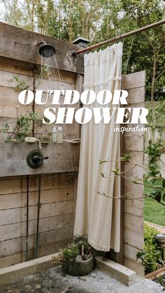 an outdoor shower is shown with the words outdoor shower on it's side wall