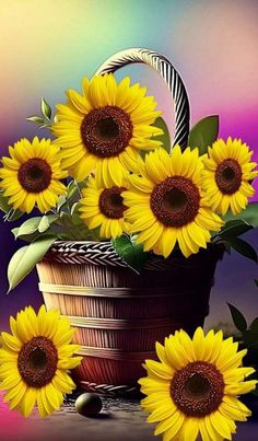 a basket filled with lots of yellow sunflowers