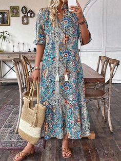 Lasaky - Leisure Paisley Print Dress - Perfect for a Vacation Dirndl Outfit, Feminine Casual, Bandeau Tops, Paisley Print Dress, Mini Robes, Flounce Sleeve, Midi Dress With Sleeves, Boho Casual, Dress Robes