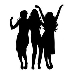 three girls standing together and waving their arms in the air, silhouetted against a white background