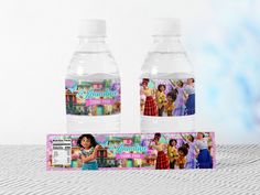 two plastic water bottles with the same label on them, one has an image of princesses