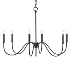 a black chandelier with five candles hanging from the bottom and four lights on each end