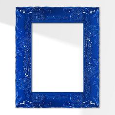 a blue frame hanging on the wall