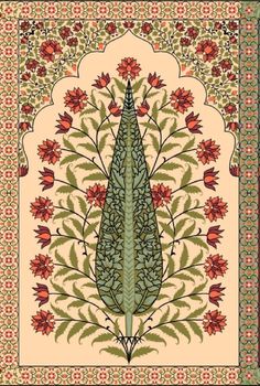 an intricately designed rug with flowers and leaves on the border is shown in green, red