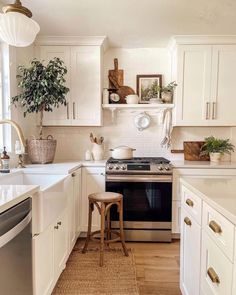 a kitchen with white cabinets and an oven in the center, potted plant on the shelf above the stove