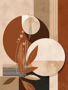 an abstract painting with circles and leaves on it's sides, in brown tones