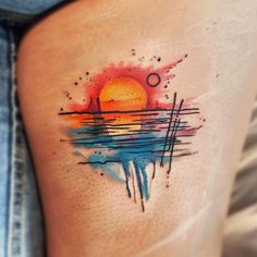 Sunset Tattoo Art Collection Beach Scene Tattoo Design, Watercolor Sunset Tattoo, Tattoo Sizes, Sunset Tattoo, Faded Tattoo, Electric Tattoo, Scene Tattoo, Tattoos To Cover Scars, Sunset Tattoos