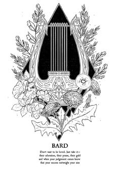 a black and white drawing of a harp surrounded by flowers, leaves and acorns