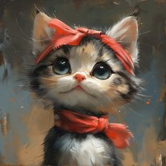 a painting of a kitten wearing a red bandana