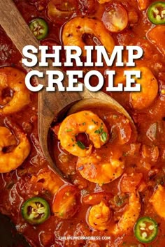 shrimp and tomato stew in a skillet with the title saying shrimp creoe