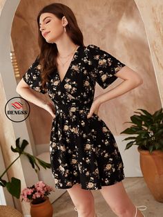 DENGSS VCAY Floral Print A Line Dress Vestido Shein, Cotton Pants Women, Front Knot Dress, Curvy Women Jeans, Midi Skirt Pencil, Short Mini Dress, Line Dress, Skirt Design, Fashion Online Shop