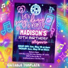 a party flyer with neon lights and music notes in the background, including an image of a disco ball