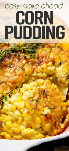 corn pudding in a casserole dish with text overlay