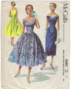 1950s Off Shoulder Dress Pattern, Half Keyhole Neckline, Full Skirt or Sheath, Drop Waist Vintage Sewing Pattern Size 16 Bust 34 Waist 28 Hip 37 The pattern is cut and complete. The envelope has tears and discoloration. Old tape pieces on the back. All patterns are mailed in quality archival storage sleeves. Fashion Design Inspiration, Dresses 50s, 1950s Sewing Patterns, Vintage Dress Patterns, Fashion 1950s, Dress Making Patterns, Motif Vintage, Mccalls Sewing Patterns, Retro Mode