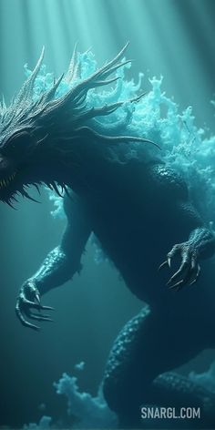 Creature with a long hair and a beard in the water with a light shining on it's face. Example of #03839B color. RAL Design, RAL 210 50 40. Cool fairytale creatures.Follow us and visit our site for more amazing content! #creepy #digitalart #spooky #sketch #illustration #long #water #design #dark #RAL2105040 #artwork #graphic #light #unique #fantasy