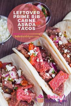 three steak tacos on tortillas with rice and salsa