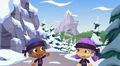 two cartoon characters are walking in the snow near some trees and rocks, one has purple hair