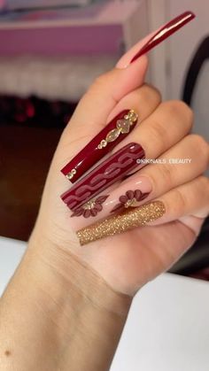 Burgundy Matte Nails, Burgundy Acrylic Nails, Red Acrylic Nails, Gel Nails Diy, Nails Design With Rhinestones, Fall Acrylic Nails