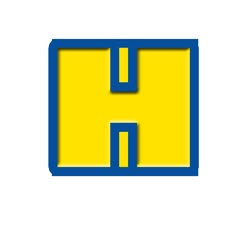 the letter h is made up of blue and yellow squares