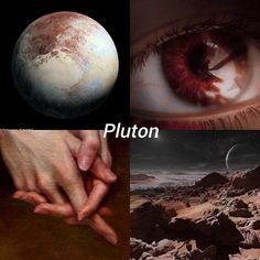 three different pictures with the same person holding their hand in front of them and an image of pluto