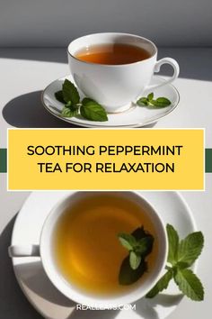 Two cups of peppermint tea, each garnished with fresh mint leaves. Text overlay: "Soothing Peppermint Tea for Relaxation". Egg Burger, Breakfast Burger, Jollof Rice, Peppermint Tea, Vegetable Stir Fry, Healthy Vegetables