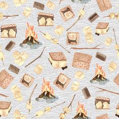 a watercolor pattern with marshmallows and fire