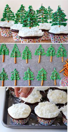 cupcakes decorated with green frosting and trees on them are being made to look like christmas trees