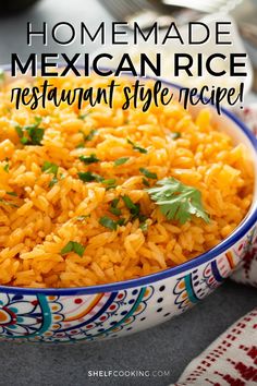 mexican rice in a blue and white bowl with text overlay