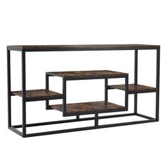 an industrial style console table with three shelves and one shelf on each side, against a white background