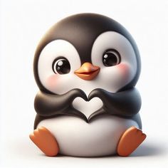 a small penguin with a heart on it's chest and eyes wide open, standing in front of a white background