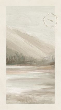 an abstract painting with water and mountains in the background