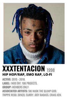 a man with blue dreadlocks on his head and the words exxtentation hip rap, emo rap, lo - fi