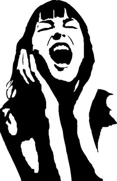 a black and white drawing of a woman singing with her hands in the air,