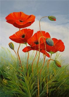 an oil painting of red flowers in the grass