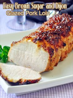 sliced pork loin on a white plate with text overlay that reads easy glazed brown sugar and onion pork loin