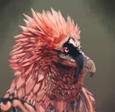 an artistic painting of a bird with red eyes and feathers on it's head