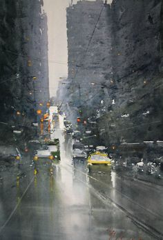 a painting of cars driving down a city street in the rain