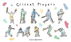 an image of people playing cricket in different poses and positions on a white background with confetti around them