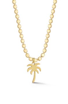 All gleam and only good vibes, this chain necklace is plated in polished 18-karat gold or rhodium and languidly sways a palm tree pendant. 17 1/2" length; 5/8"W x 7/8"L pendant 18k-gold plate or rhodium plate Imported Palm Tree Pendant, Slippers Cozy, Clutch Pouch, Tree Pendant, Cold Weather Accessories, Keep Jewelry, Girls Accessories, Palm Tree