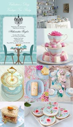 a collage of different cakes and pastries on display in a kitchen or dining room