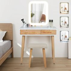 The ELECWISH dressing table is made of high-quality, stable wood, which ensures a long service life. It has the optimal light conditions to apply your make-up exactly to your complexion. The table convinces with the fixed mirror and plenty of storage space in two large drawers, where you can hide your jewelry and your care products for every day. If the bathroom didn't have enough space for your cosmetics, beauty products, and pretty perfume bottles - you now have your personal ELECWISH make-up table for that. Everything you need is within easy reach. Size: 31.5".  Color: White. Bedroom Vanity Desk, Dressing Table Lights, Modern Dressing Table, Kids Dressing Table, Small Makeup Vanities, Modern Vanity Table, Bedroom Vanity Set, Shelf Vanity, Vanity With Mirror