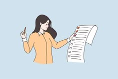 a woman holding a pen and pointing at a checklist on a clipboard illustration