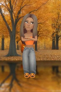 an animated girl standing in front of trees with pumpkins