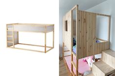 the bunk bed is made out of wood and has stairs leading up to it's top